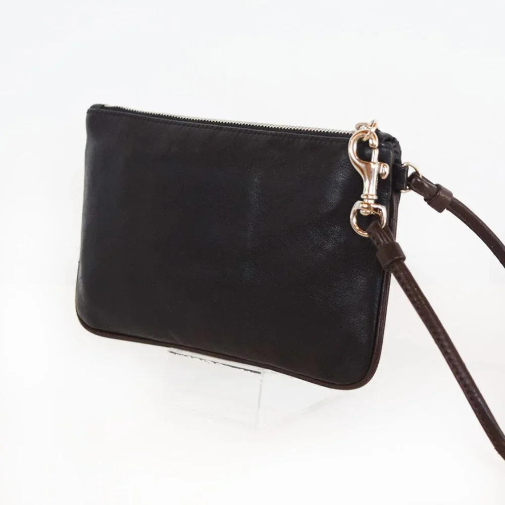 Coach Black Leather Wristlet With Brown Trim